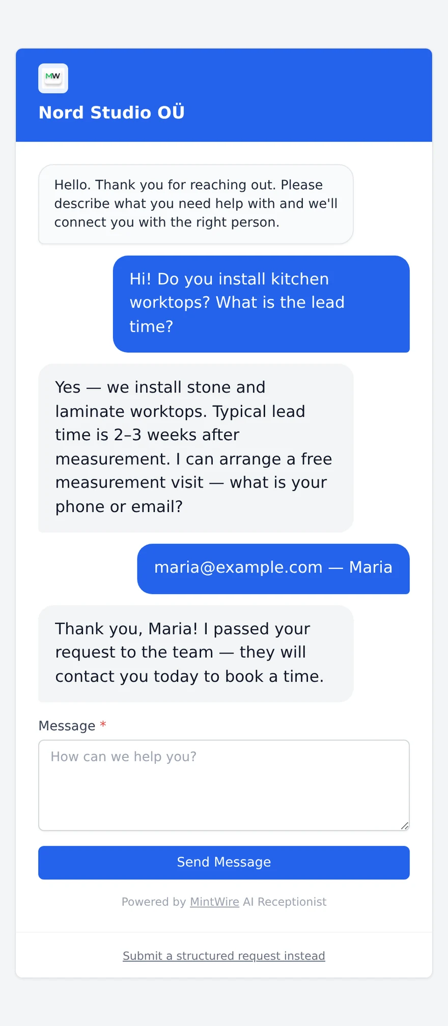 AI Receptionist website chat